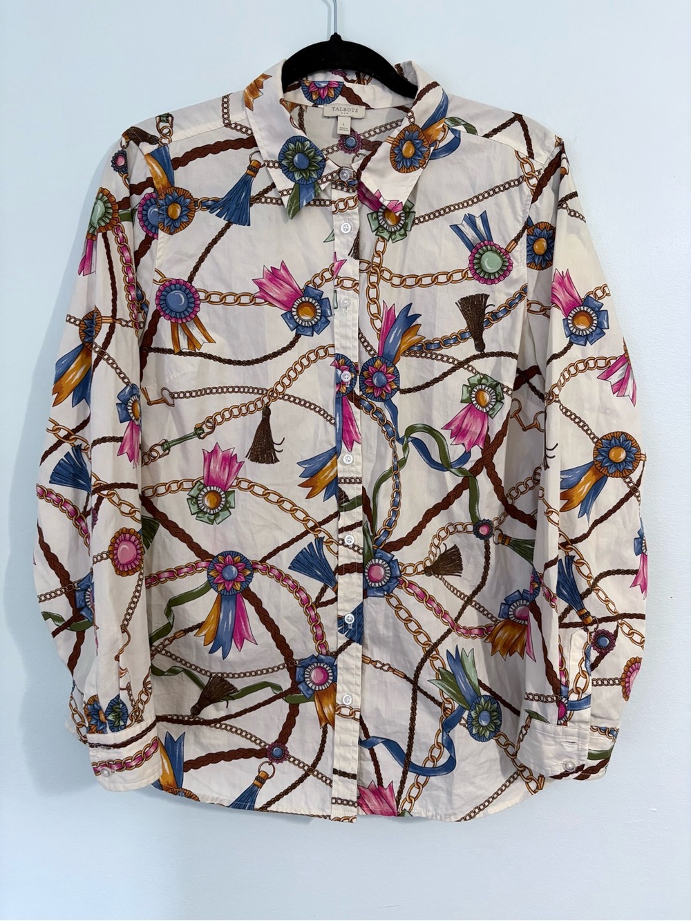 Talbots Cream Button-Down Shirt with Floral Chain Print